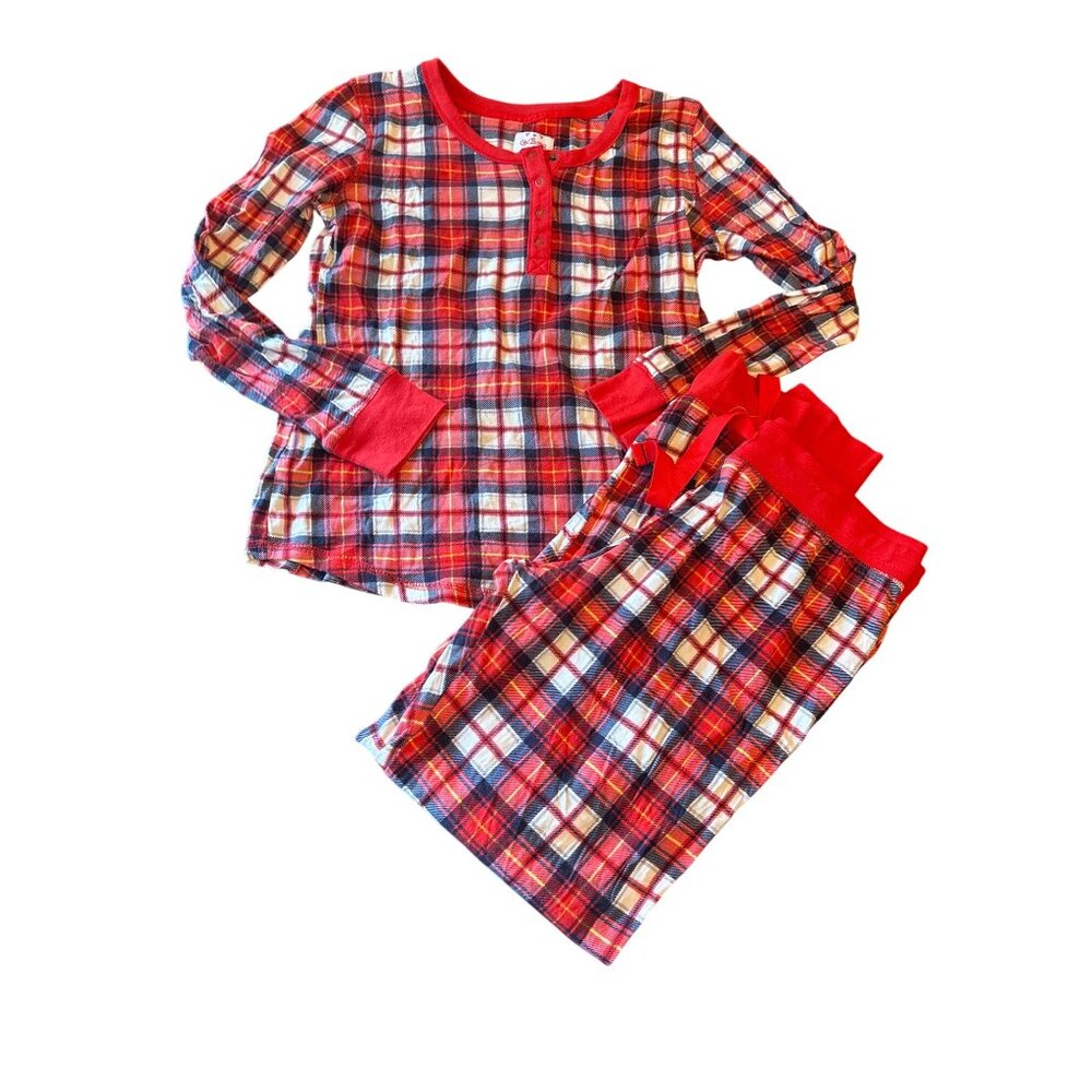 Lanz Womens Red/White/Blue Plaid Pajama Set M 100% Cotton Long Sleeve Top & Pant
